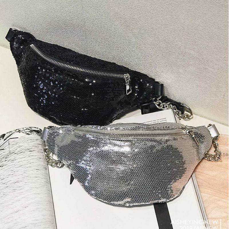 

Fashion Women Sequin Fanny Pack Phone Pouch Waist Chest Shoulder Bag Glitter Bum Belts Bags Packs PU Leather Waist Belt Bags, Black