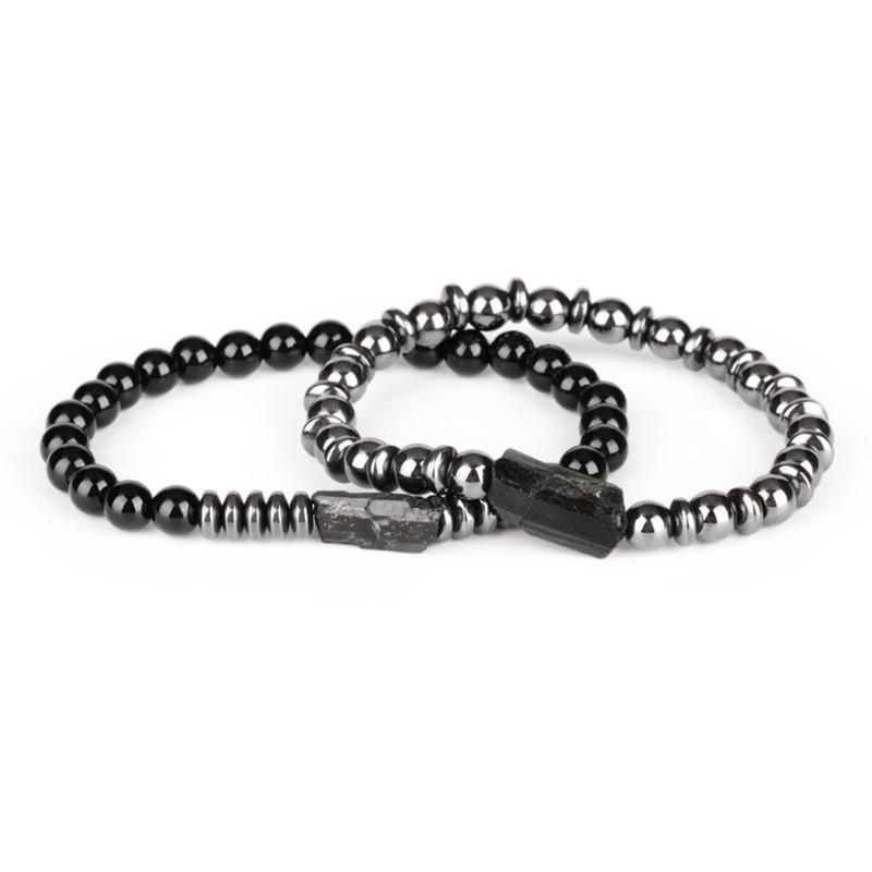 

Strands Charm Natural Rough Black Tourmaline Healing Calm Mineral Stone Bead 6mm Glossy Onyx Hematite Energy Bracelets For Man Women