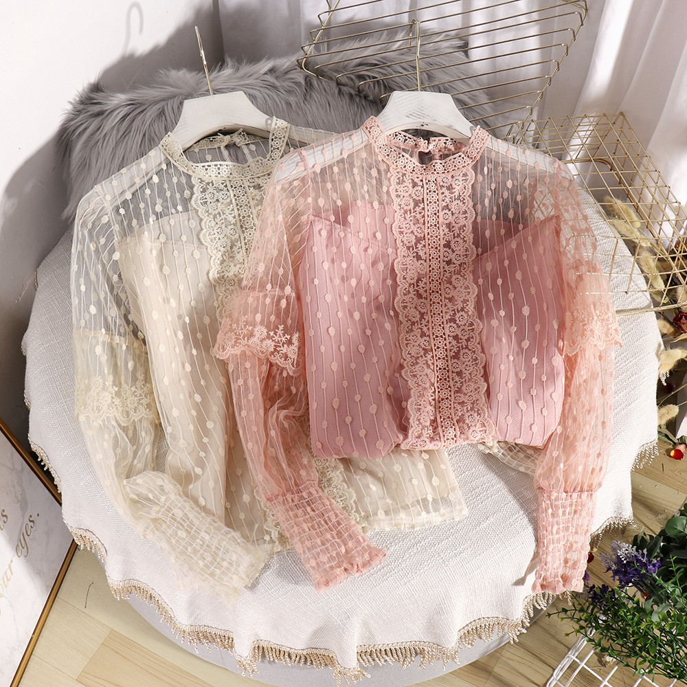 

2021 New in stock, send within 24 hours Women's New Fairy Sweet Western Style Shirt Wear and a Polka Dot Lace Top H9KZ, Apricot