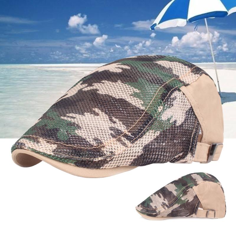 

Berets Men Women Casual Outdoor Breathable Adjustable Summer Flat Cap Mesh Cloth Hat Hiking Polyester Camouflage Sun Visor, Black
