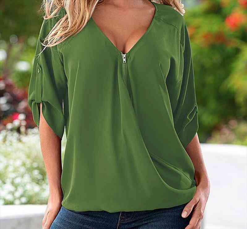 

S-5xl Blouses Loose Shirt White red black blue Sexy Women See Through Chiffon Shirts V Neck Half Casual Blouse Tops Plus Size