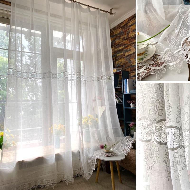 

Pastoral Flower Embroidered White Living Room Curtain Sheer Curtain Room Divider1