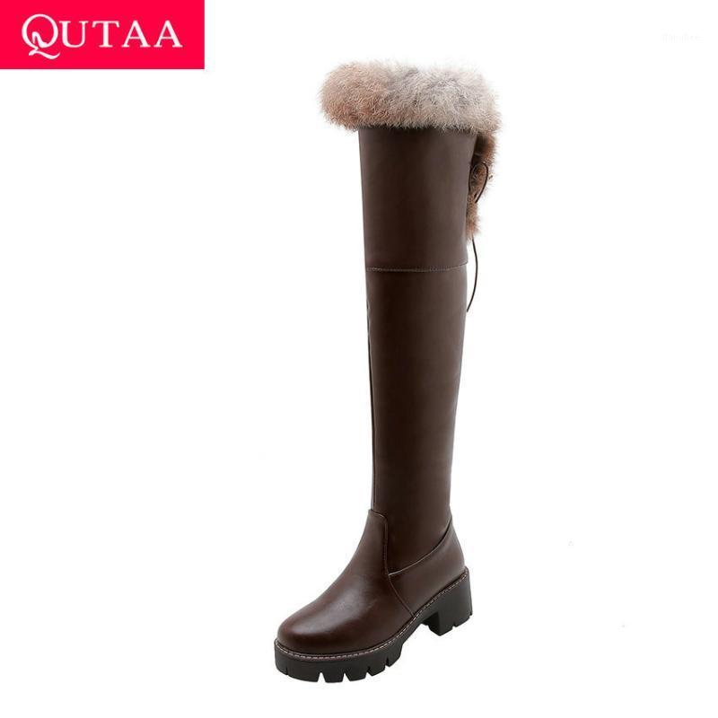

QUTAA 2020 Square Heel PU Leather Over The Knee High Boots Winter Warm Fur Casual Round Toe Zipper Lace Up Women Shoes Size34-431, Black
