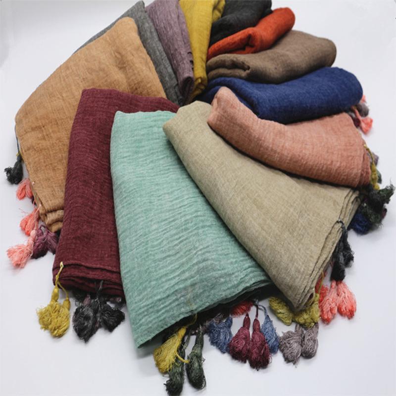 

Head Scarf Women Linen Ethnic Oversize Muslim hijab scarf Solid Color Crinkle Foulard Cotton Shawl Candy Color Tassel Scarves