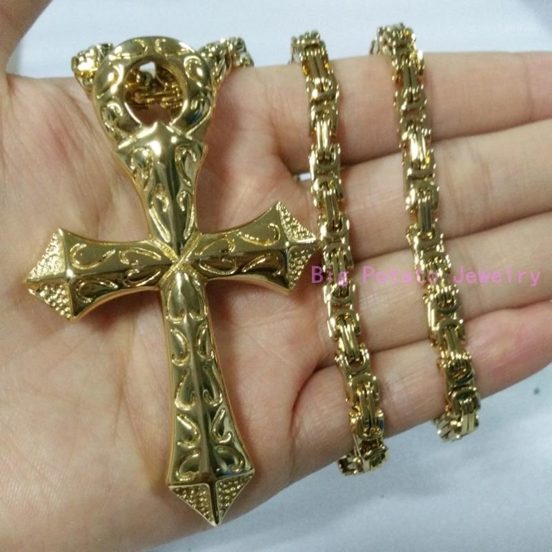 

73mm*47mm Gold Tone Cross Pendant Necklace Chain 316L Stainless Steel Handsome Men's Gift Jewelry Free 4mm Byzantine Chain1, Silver