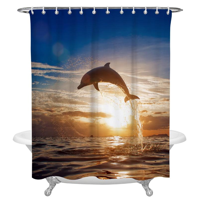 

Sea Wave Sunset Dolphin Fish Shower Curtain Decorative Waterproof Polyester Fabric Bathroom Curtains with Hooks Home Bath Decor