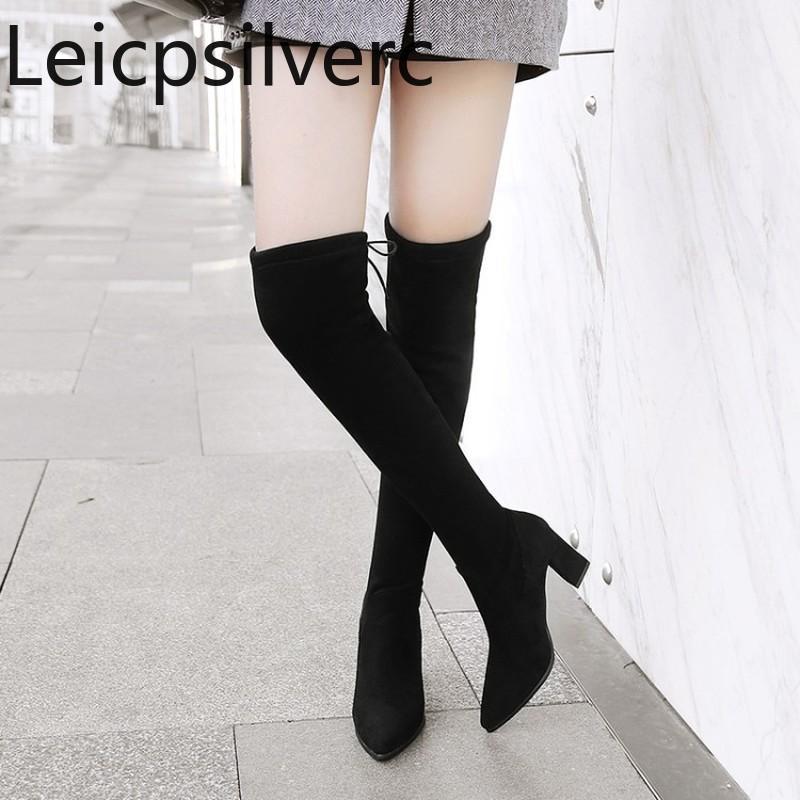 

Women's Boots winter The New fashion Flock Pointed Lace-up Thick heel High heel Women's Over the knee boots plus size 32-471, Black