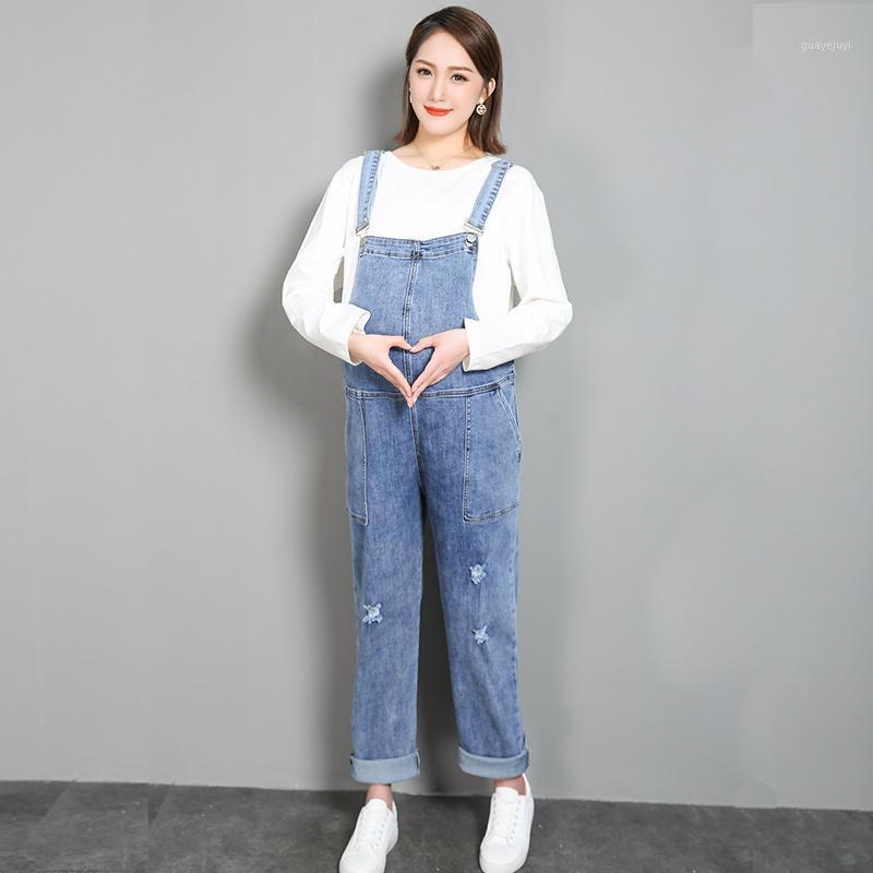 

Pregnant women's bib denim spring and summer nine points to wear loose plus size 200 kg thin pregnant women plus size pants1, Blue