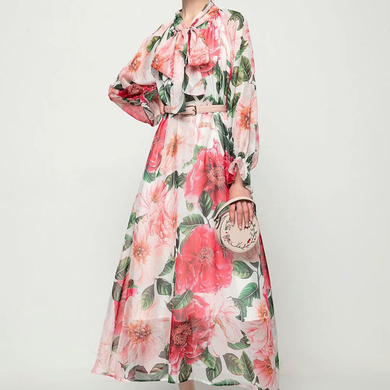 

2021 Spring New Style Boho Printing Bow Flower Knot Trumpet String Long Sleeve Belt Fine Fitting Scrubbing Dress High Quality Women' 4uip, Pink.