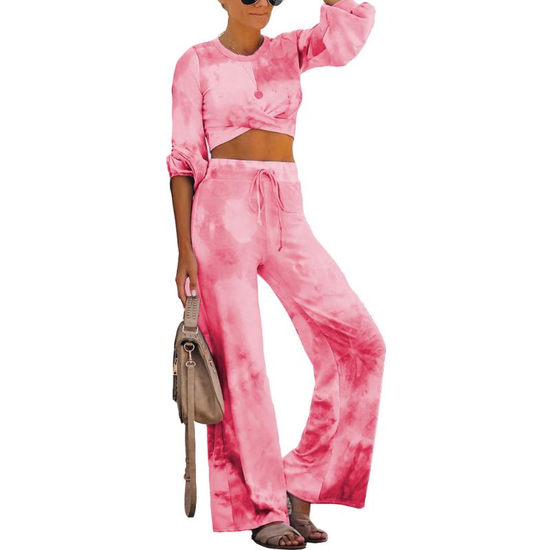 

Tracksuit Women 2020 Two-piece Sets Home Sleepwear Tie-dye Print Long Sleeve Crop Tops And Pants Casual Tracksuit Sportwear, Green