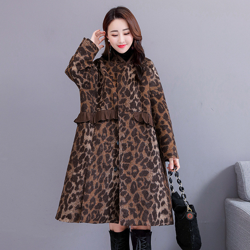 

2021 Female Leopard Jacket New Winter Ruffled Mid-winter the Line High-street Wool Loose Coat Ponchos H2HJ