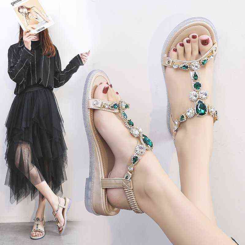 

Women's Rhinestone Roman flat sandals, wedge summer shoes, beach skirt, sizes , 36, 37, 38, 39, 40, 2022, Grey