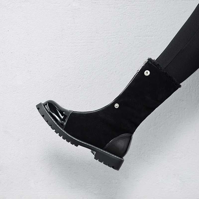 

new winter shoes women's mid-calf boots lambswool genuine leather snow boots keep warm rock zippers botas mujer, Black