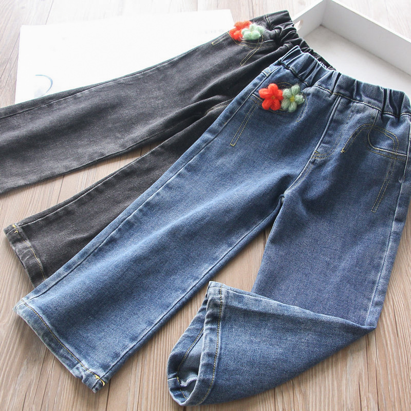 

2020 Autumn Girls Dress Three-dimensional Flower Pocket Denim Wide Leg Pants Children's Clothing Wholesale
