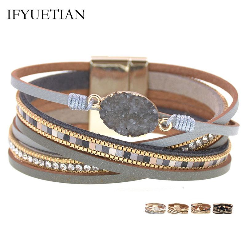 

IFYUETIAN black white leather bracelets for women bohemia Multilayer Wide Wrap Magnet Bracelet Female fashion Jewelry wholesale