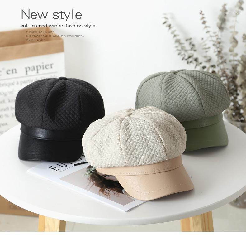 

Women Visors Cap Autumn Plaid Cotton Pu Brim Lady Octagonal Hat Men1, Black