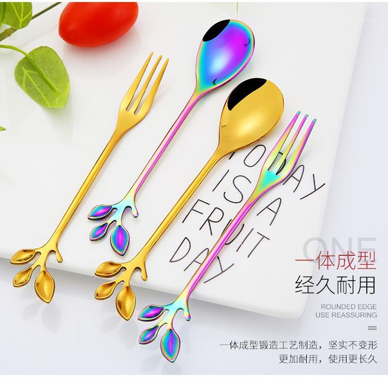 

2pcs set, colorful stainless steel spoon and fork set, leaf design, stir stick, small fork, metal cute kids flatware, vintage1