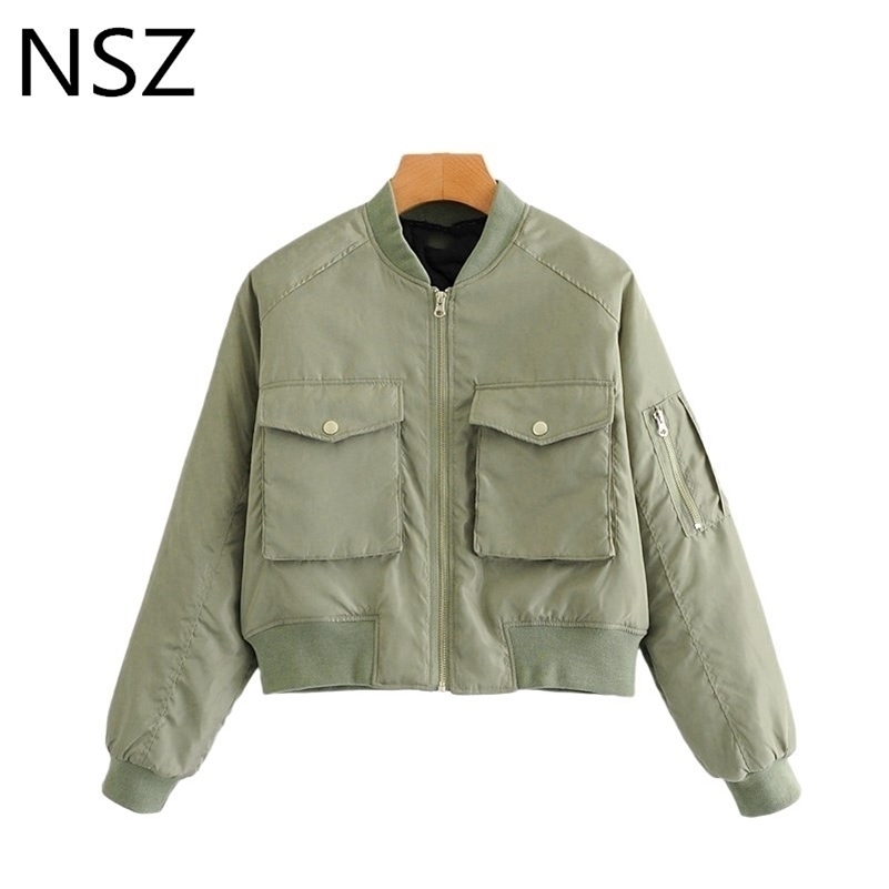 

NSZ Women Military Green Moto Biker Bomber Pilot Jacket Cropped Top Long Sleeve Female Oversized Coat Outerwear Chaquetas Mujer 201112, As picture