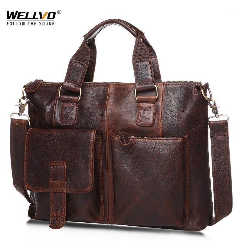 

15.6inch Vintage Genuine Leather Briefcase Men Large Business Office Handbag Crossbody Shoulder Bags Male Retro Handbags XA78C1, Brown