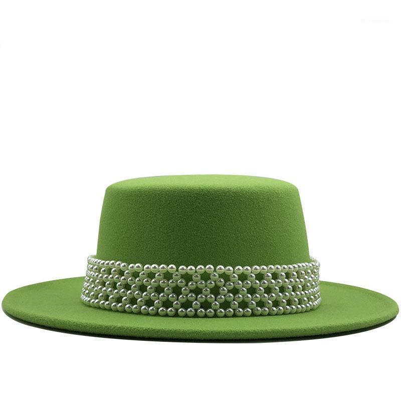

2020 New Elegant Pearl Flower Band Trimmed Flat Top Wool Hat Women Black Warm Winter Hats Ladies Party Wedding Felt Hat1, White