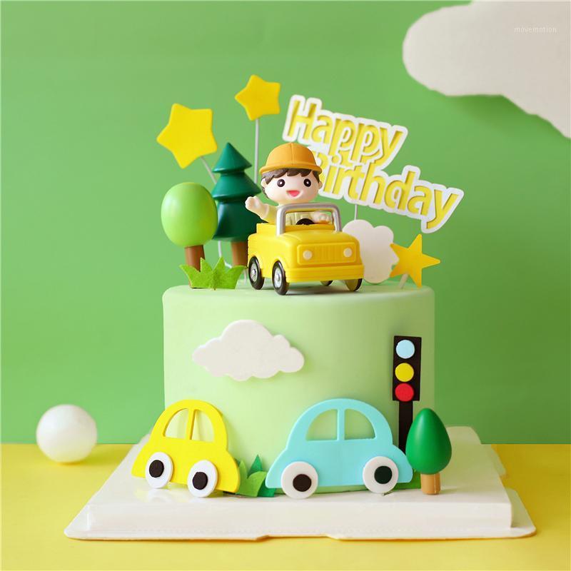

Cartoon Yellow suv car with boy Cake Topper for Boy's Happy Birthday Party Baking Decoration Dessert Supplies1