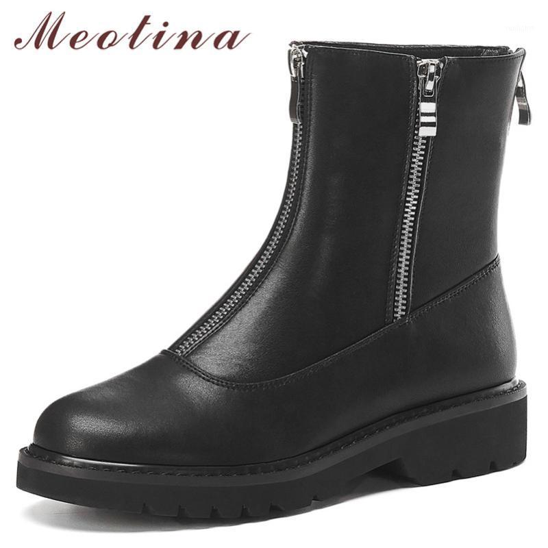 

Meotina Autumn Ankle Boots Women Natural Genuine Leather Flat Short Boots Zipper Round Toe Shoes Ladies Winter Black Size 33-411