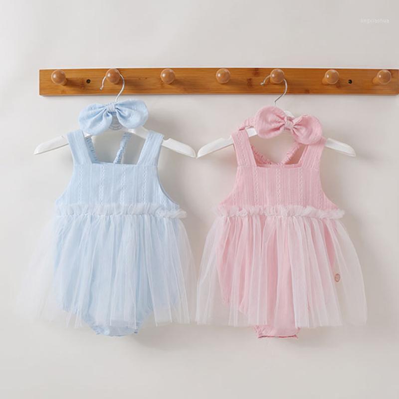 

Summer Korean baby girl hakama bag fart sleeveless frill mesh splicing solid color sling hammock romper jumpsuit + hair band 50*1, As the picture shows