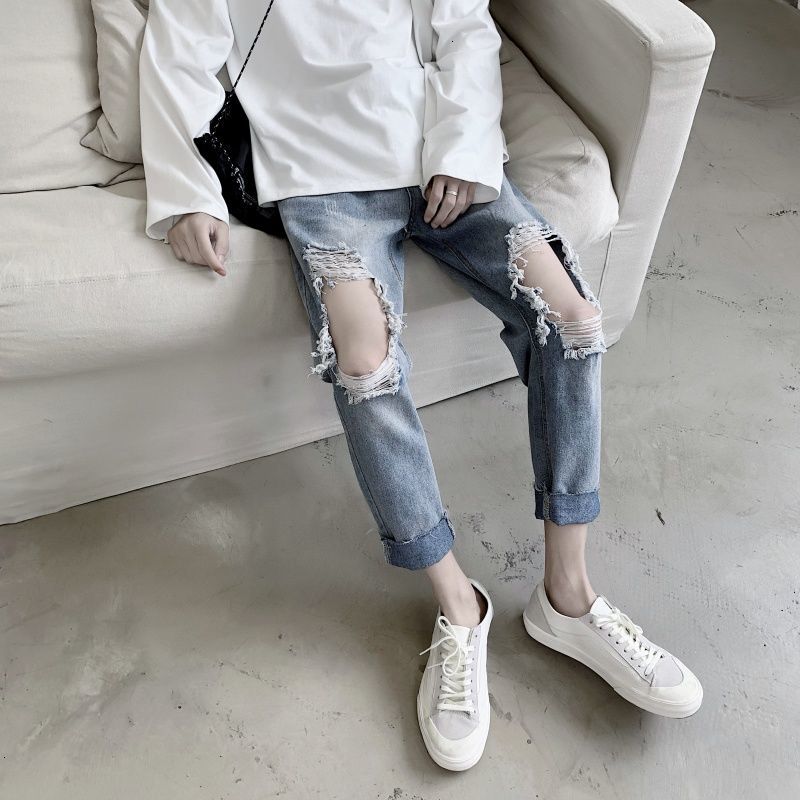 

De 2021 New Brim Primavera e Inverno Nova Slida Rasgado Tornozelo Jeans Solto Moda Jovem Masculinas DDN9, Blue
