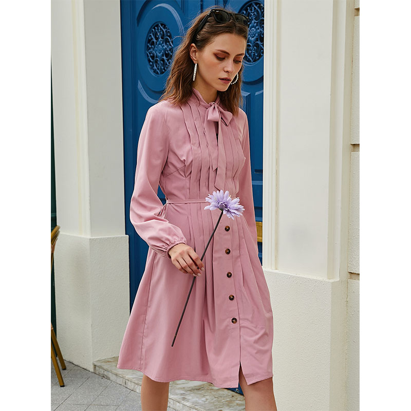

Lady Elegant Dress Women Shirtdress Buckle Tie Pleated Skirt Fashion Tops Young Style Vogue Spring and Autumn 2021 New Clothes High Quality, Pink