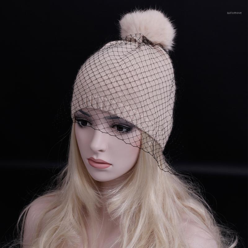 

Elegant style lady restoring ancient ways Gauze covered face hat with real hair ball wool hat Solid color winter knit1, Beige