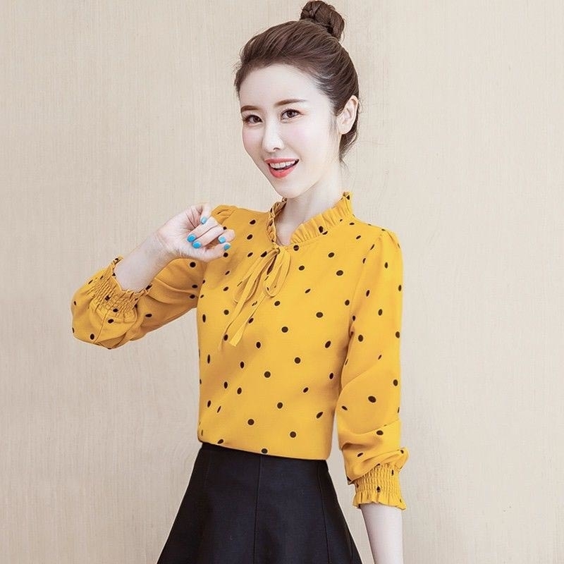 Women Spring Summer Style Chiffon Blouses Shirts Lady Casual Long Sleeve Polka Dot Printed Blusas Tops DF3179 201201