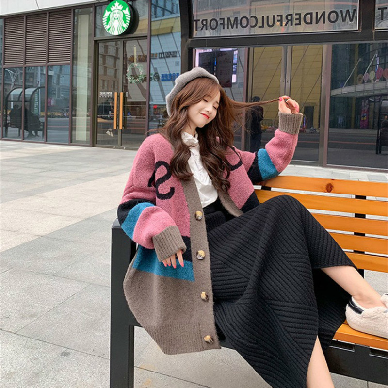

2021 New Korean women's sweater autumn Single lazy style breasted mid-length color cardigan mix in mesh PRDN, Pink.