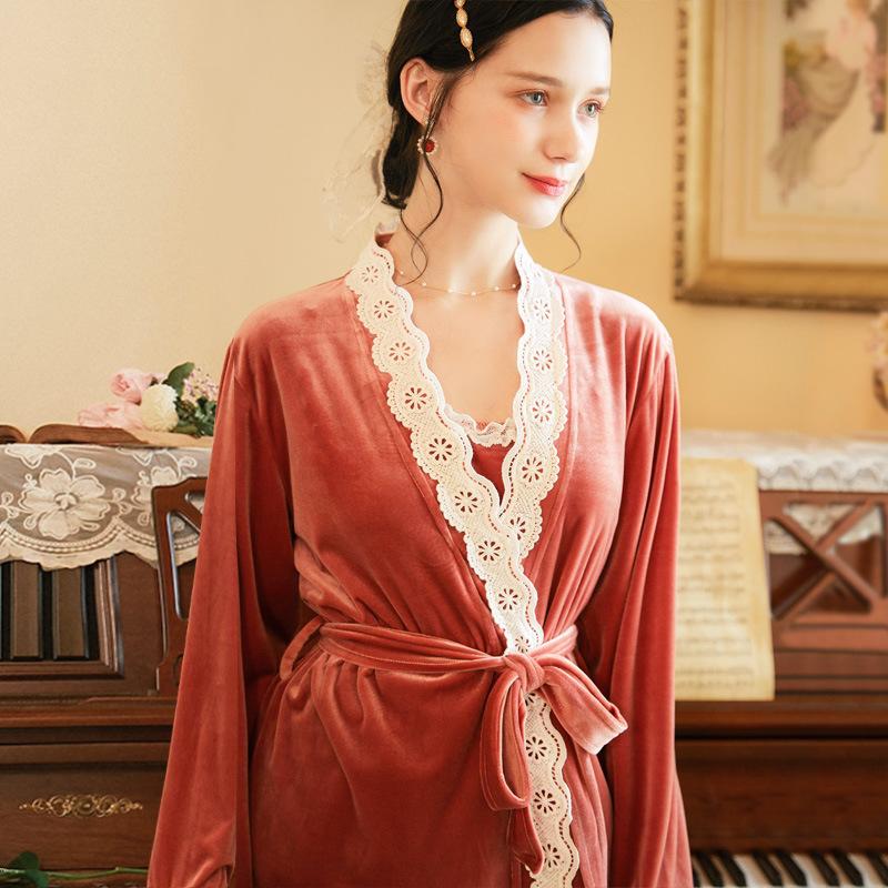 

3PCS Bride Kimono Sweet Lace Flower Trim Robe Sets Sexy Velour Bathrobe Intimate Lingerie Sleepwear Autumn Lady Loose Nightwear, Color 1