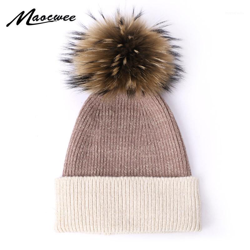 

Autumn Winter Women Crochet Hats With Real Fur Pom Pom Ball Solid Color Beanie Hat For Women Fashion Warm Cap Girl Beanies Caps1
