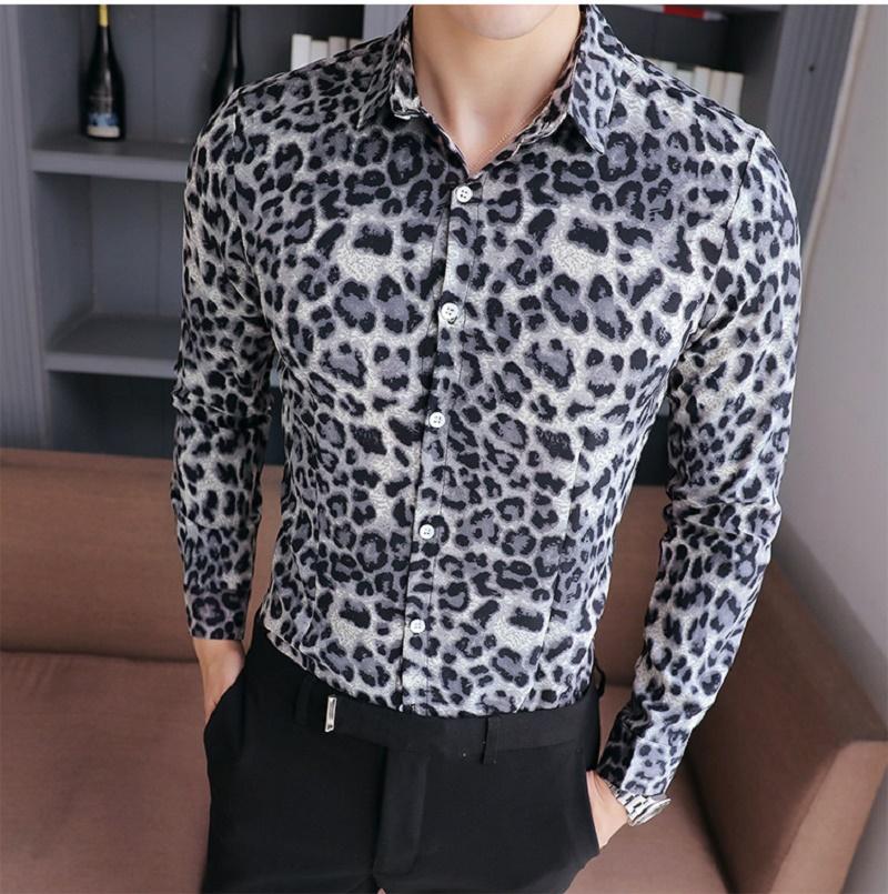 

High Quality Men Shirt Brand New Slim Fit Casual Leopard Print Social Shirts Dress Long Sleeve Plus Size Night Club Prom Tuxedo, Dark brown