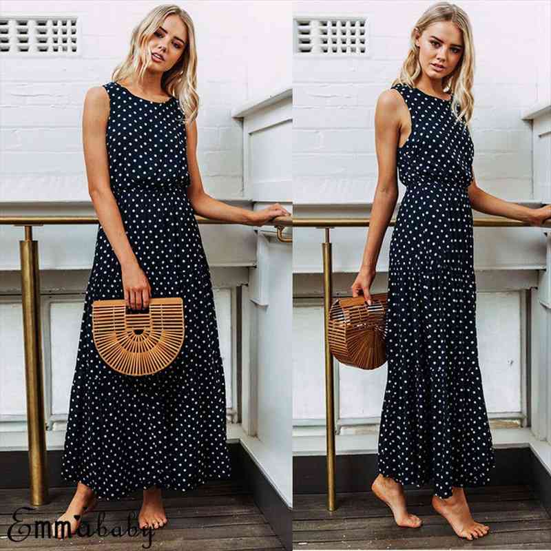

Bobo Women Evening Party Beach Dresses Summer Sundress Dark Blue Boho Loose Sleeveless Holiday Dot Print Long Maxi Dress, Black;gray