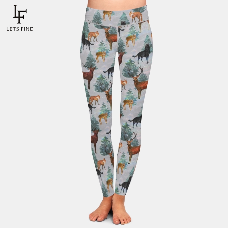 

LETSFIND New Design Women Elastic Leggings High Waist 3D Animals Milu Deer&fox&dog Print Milk Silk Trousers Movement Leggings 201203, Gray