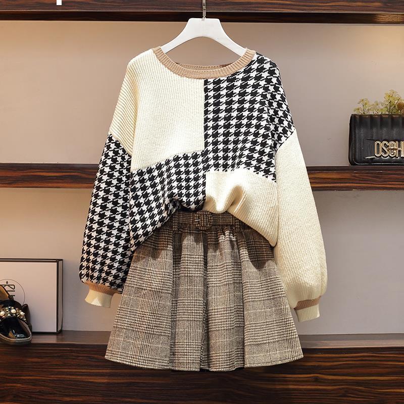 

2021 New 2 two elegant female knitting splice pullover+ skirt suit work more size 4xl y465 IVS5