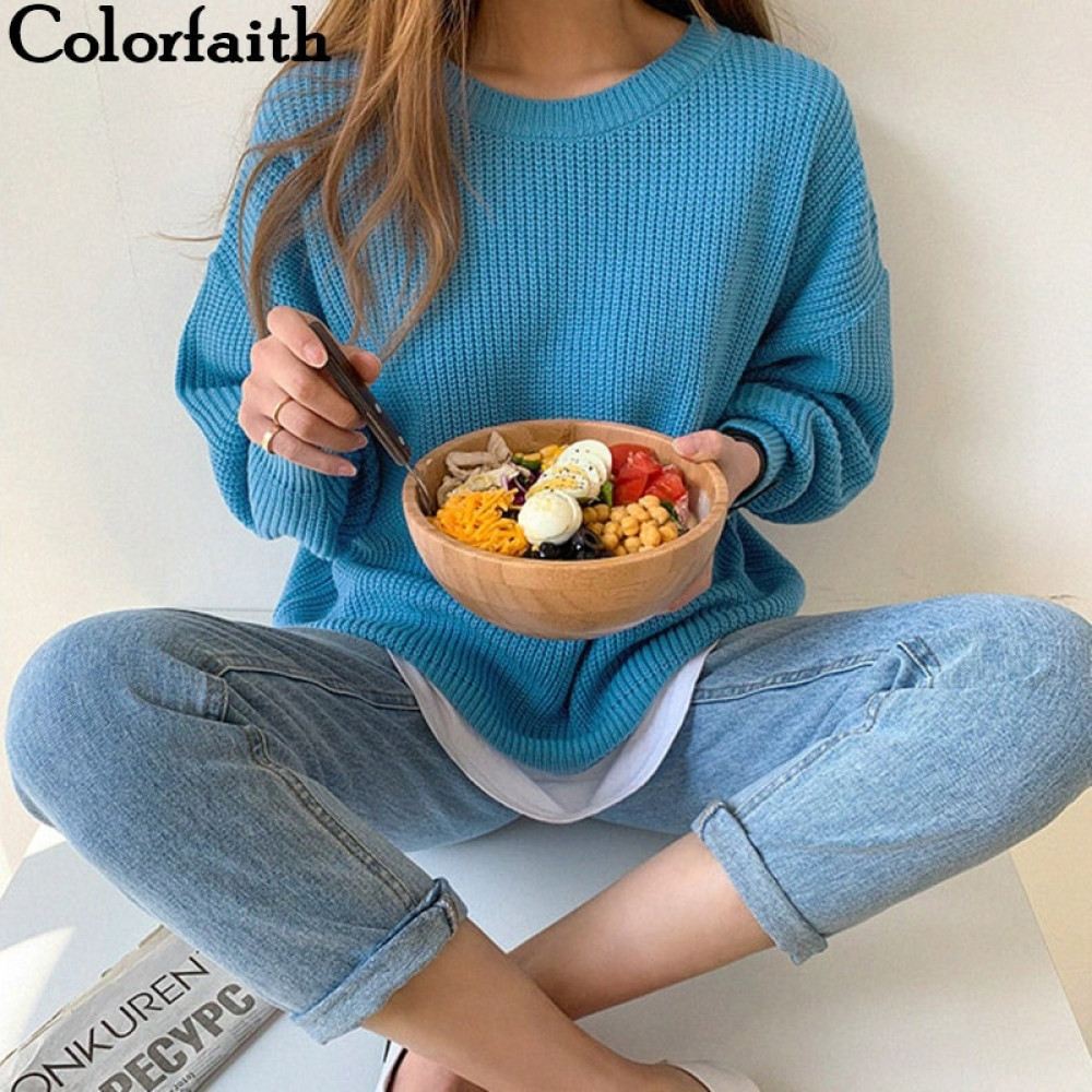 

Colorfaith New Autumn Winter Women Sweater-pullovers Loose Casual Warm Minimalist Knitting Elegant Ladies Solid Tops SW8168 201130, Blue