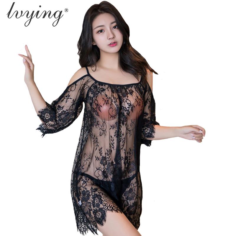 

High End Brand Design Night Dress Sexy Lace Women Pyjamas Lingerie Transparents Silk Nightgown Sleepwear Nightwear Pijama Nighty, Black