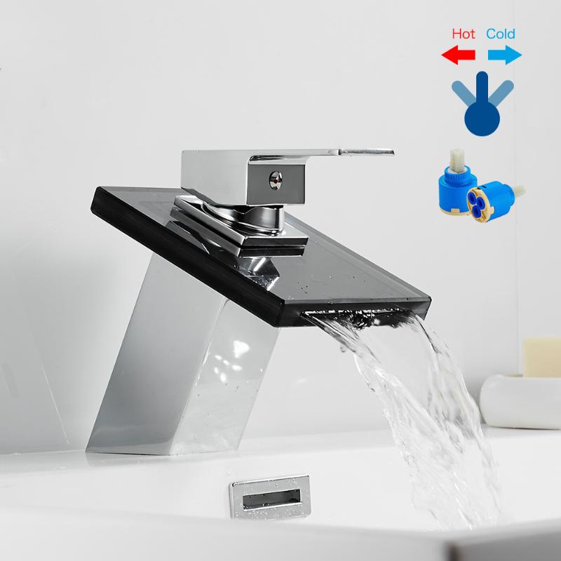 

Bathroom Glass Waterfall Basin Tap Bathroom Faucet Black Glass Deck Mounted Solid Brass Wash Basin Sink Tap Mixer Faucet