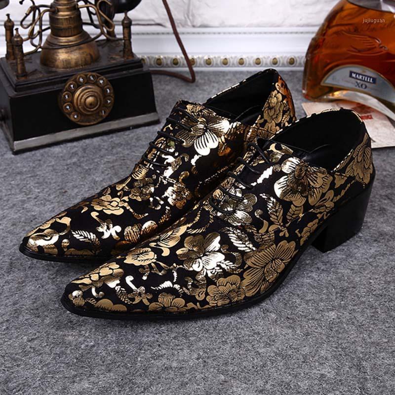 

New High-end Gold printing Flowers Men Shoes Luxury Fashion Pointed Toe Men Lace-up High Heels Genuine Leather Party Dress Shoes1, Gold flowers