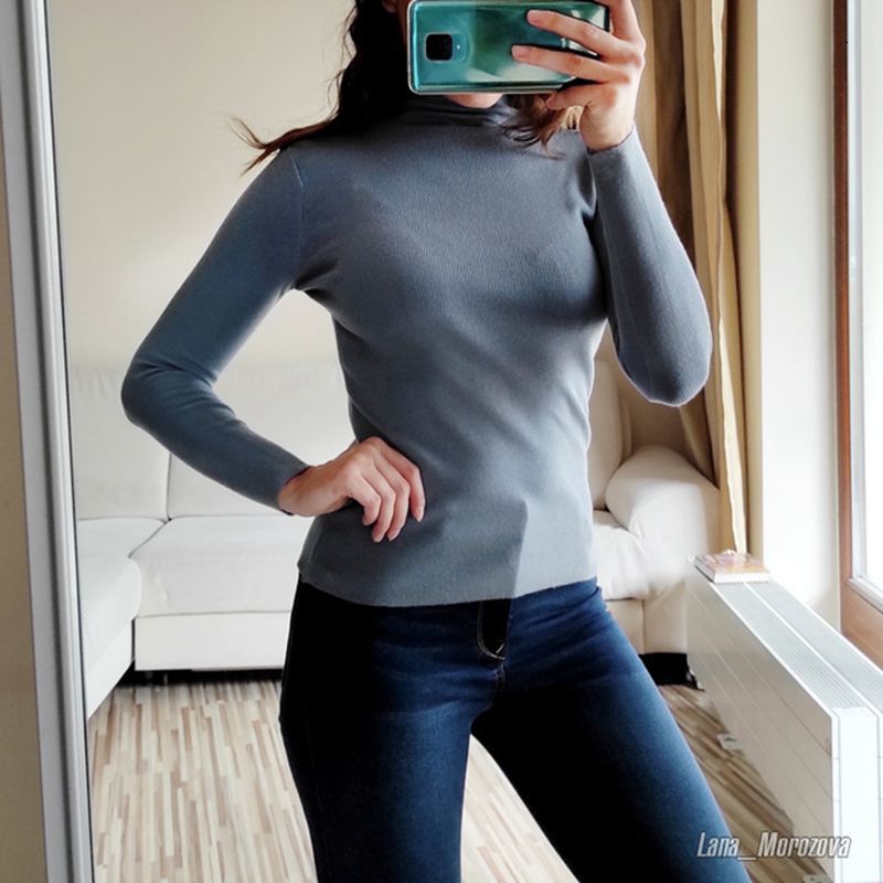 

2021 New Thin Flat Knit Women Turtleneck Sweater Autumn Winter Pullovers Long Sleeve Knitwear Black White Top Pull Hiver Bgw8, Light blue