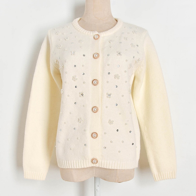 

High Female Quality Beads Stylish Cardigan Flowers Lady Party Buttons Long Sleeves the Neck-neck Solid Black Tops Z8am, Beige