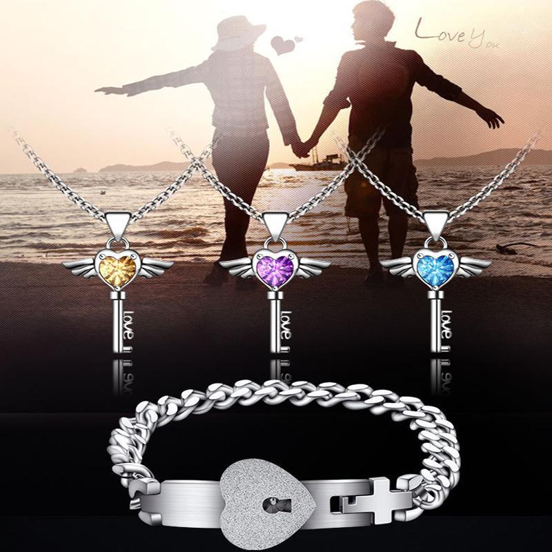 

Earrings & Necklace Fashion Lover Jewelry Set Stainless Steel Concentric Lock Bracelet For Women Zirconia Angel Key Pendant Couple, Silver