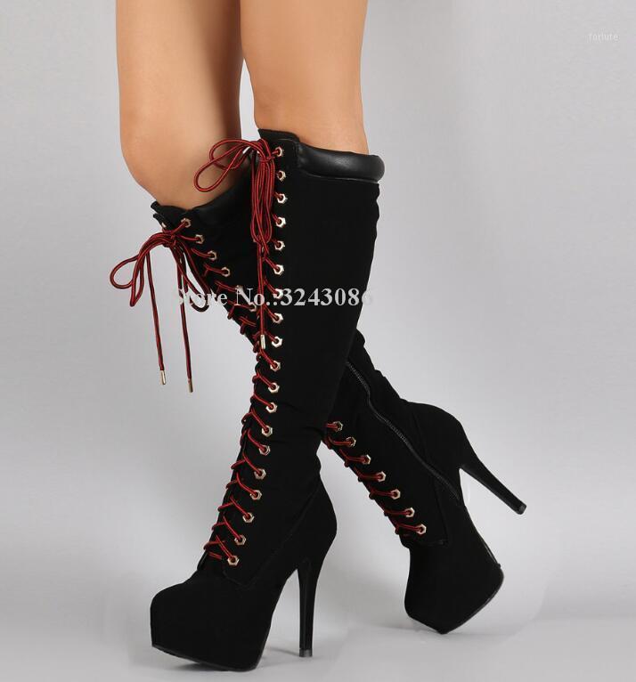 

Fashion Black Suede Lace-up Platform Long Boots Women New Mixed Color Stiletto Heel Knee High Boots Ladies Popular Large Size1