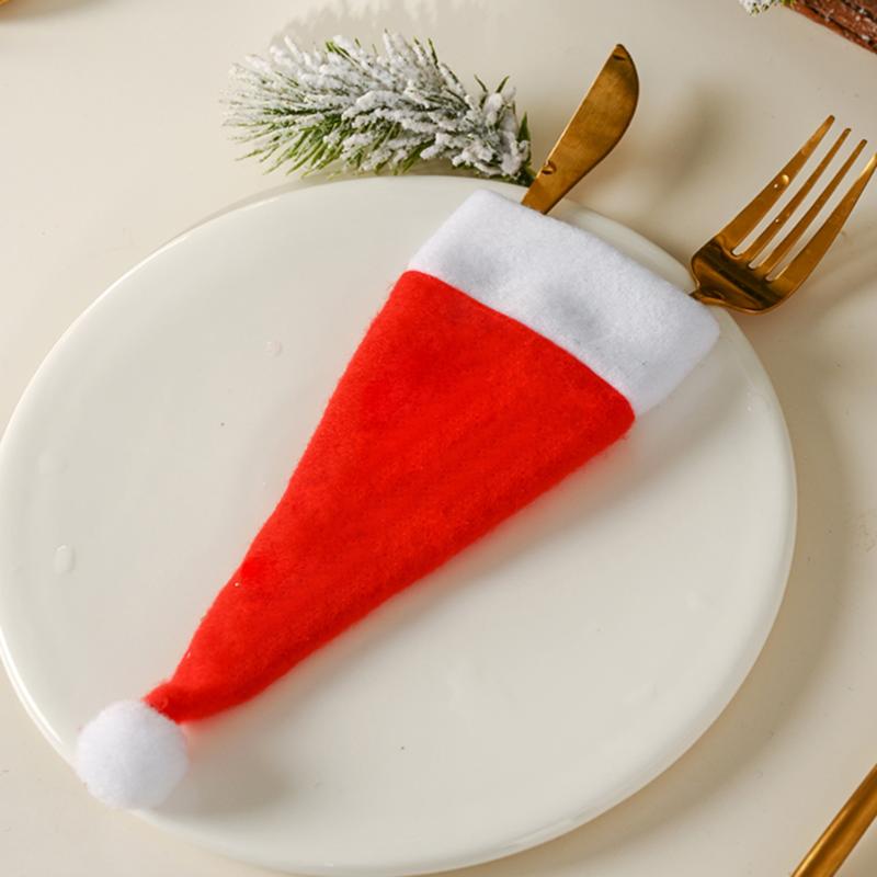 

10Pcs Xmas Cutlery Bag Wine Bottle Cap Pocket Red Santa Hat Spoon Tableware Storage Christmas Dinning Table Decoration