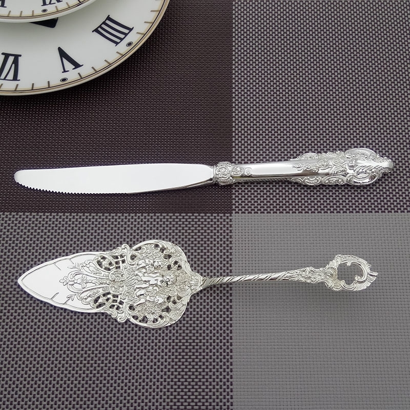 

9.25'' Silver Wedding Cake Serve Set Small Cake Shovel Knife Baroque Party Cake Decorating Shovel Server Restaurant Silverware 201116