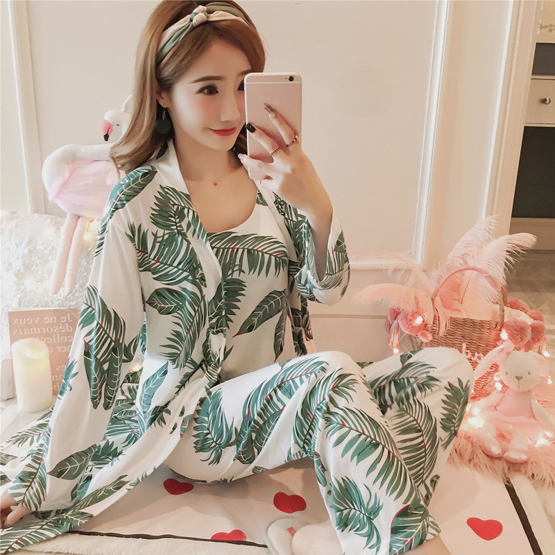 

2021 3 Pieces Joint Spring and Summer Furniture Wear Sexy Women's Pajama Sets Robe + Pant Female Pajamas 17q6, Duan baidindangmao