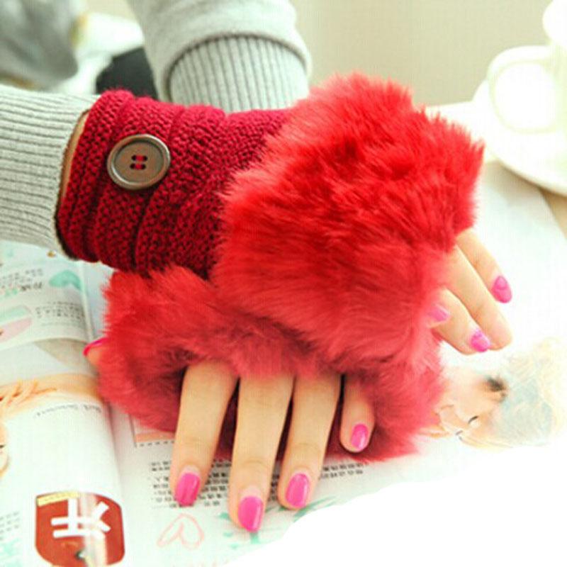 

Knitting Button Decor Mittens Winter Autumn Warmer Fashion Women Faux Fur Hand Wrist Crochet Knitted Fingerless Gloves